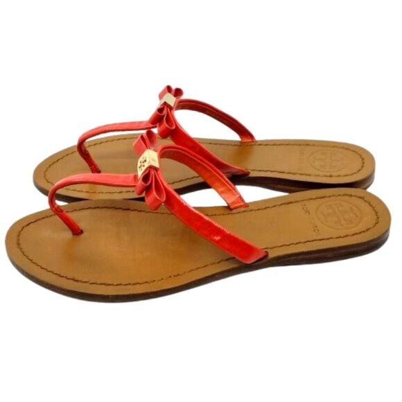 TORY BURCH~Leighanne Bow~POPPY RED LEATHER THONG SANDAL FLIP FLOP SHOES Size 8 - Picture 3 of 6